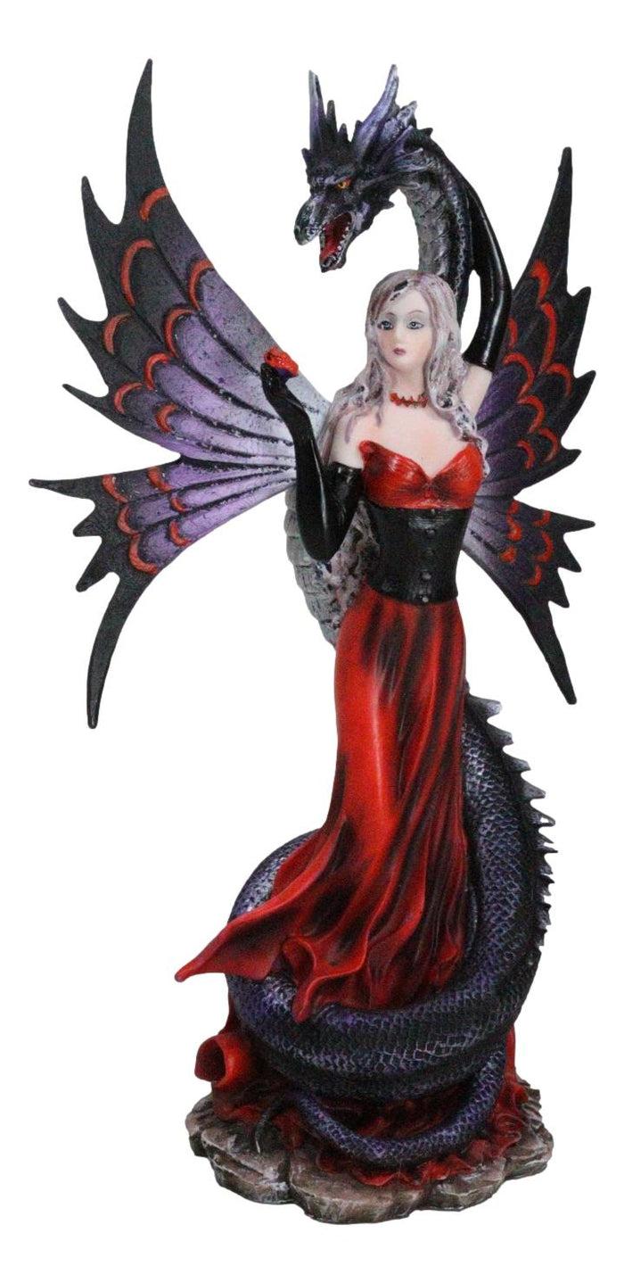 Ebros Gift Fantasy Red Gowned Gothic Rose Fairy With Black Grendel Volcano Dragon Figurine