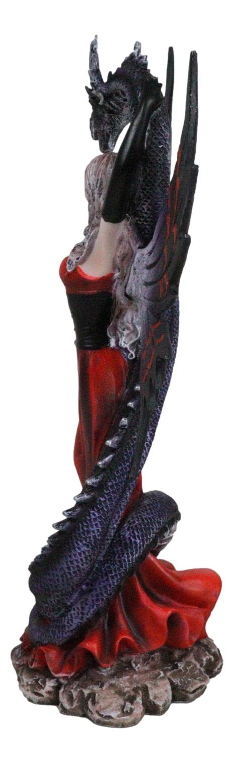 Ebros Gift Fantasy Red Gowned Gothic Rose Fairy With Black Grendel Volcano Dragon Figurine