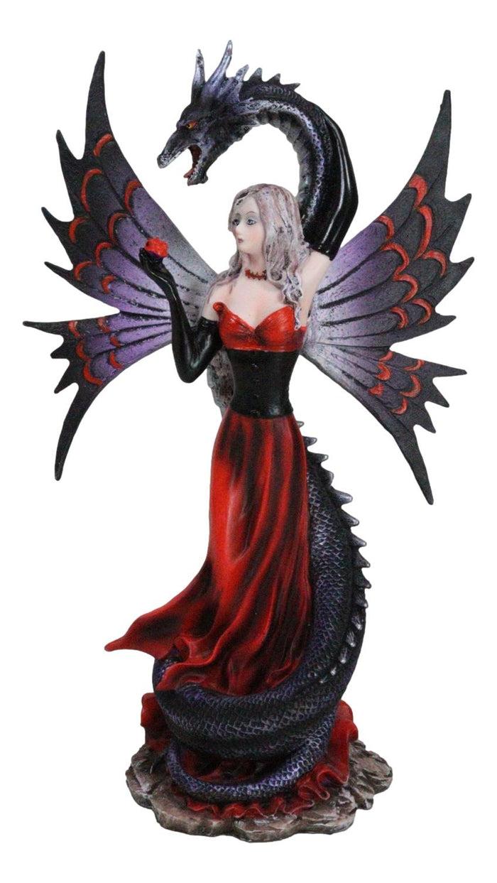 Ebros Gift Fantasy Red Gowned Gothic Rose Fairy With Black Grendel Volcano Dragon Figurine