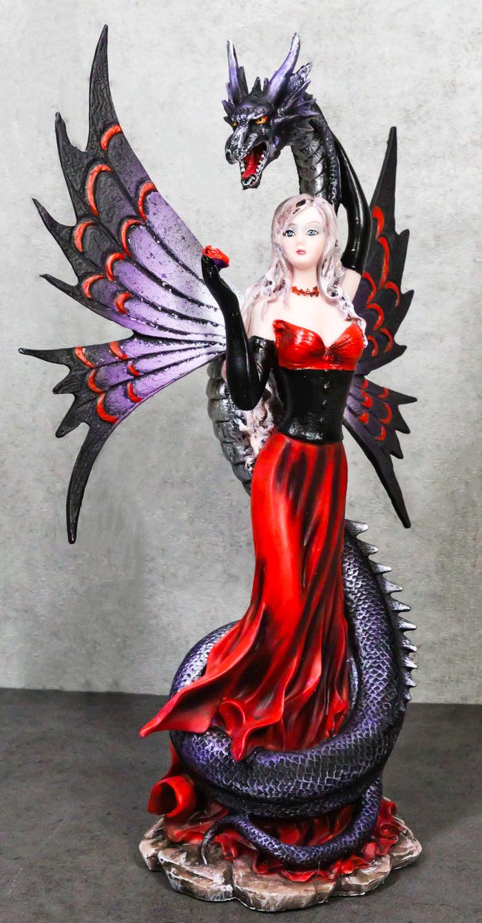 ebros gift Fantasy Red Gowned Gothic Rose Fairy With Black Grendel Volcano Dragon Figurine