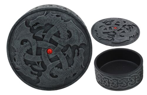 Ebros Gift Fantasy Round Celtic Dragon Triad With Red Gem Jewelry Box Figurine 3.5"Diameter