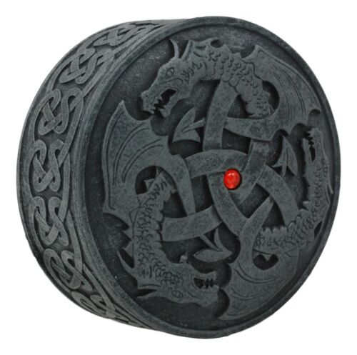 Ebros Gift Fantasy Round Celtic Dragon Triad With Red Gem Jewelry Box Figurine 3.5"Diameter