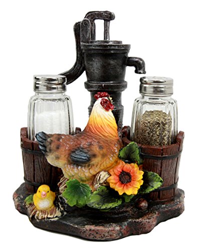 Ebros Gift Farm Irrigation Well Pump Chicken Hen Salt Pepper Shakers Holder Figurine Set