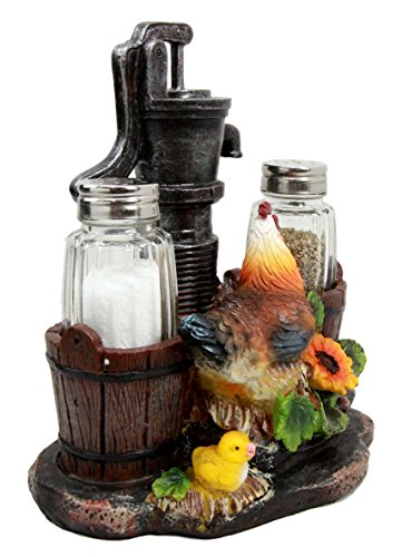 Ebros Gift Farm Irrigation Well Pump Chicken Hen Salt Pepper Shakers Holder Figurine Set