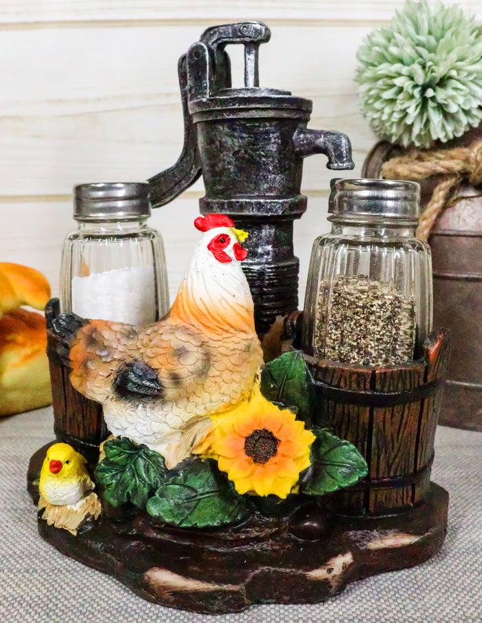 ebros gift Farm Irrigation Well Pump Chicken Hen Salt Pepper Shakers Holder Figurine Set