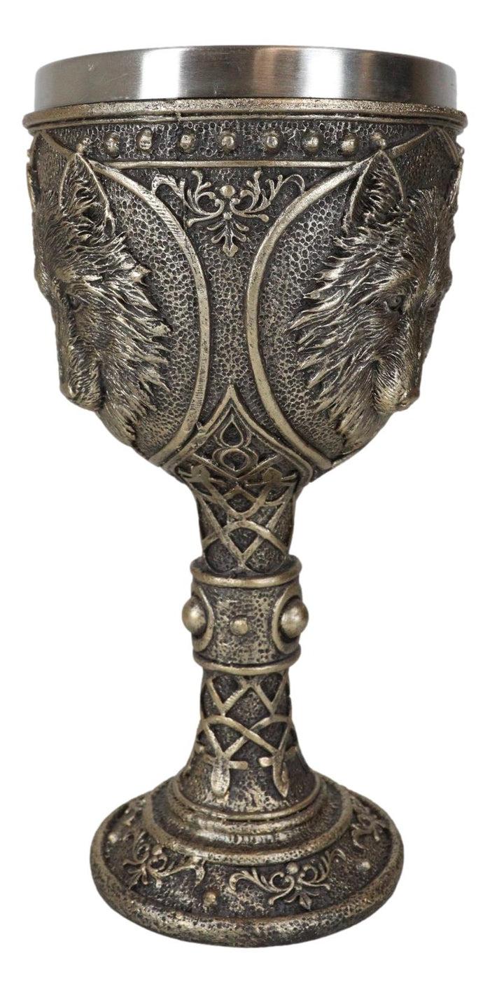 Ebros Gift Faux Bronze Alpha Gray Wolf Celtic Tribal Knotwork Wine Chalice Goblet Cup
