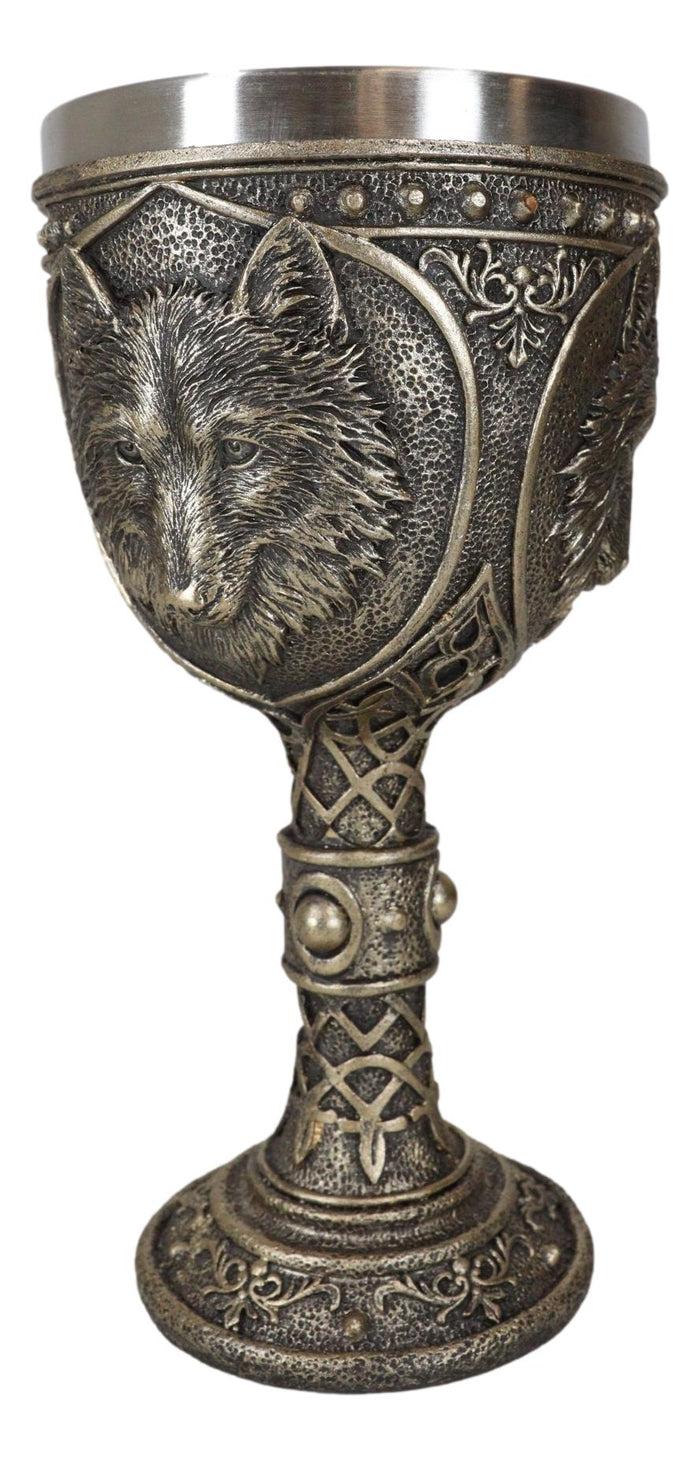 Ebros Gift Faux Bronze Alpha Gray Wolf Celtic Tribal Knotwork Wine Chalice Goblet Cup
