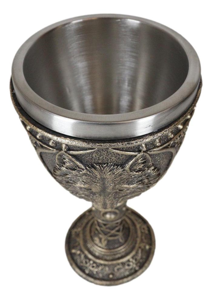 Ebros Gift Faux Bronze Alpha Gray Wolf Celtic Tribal Knotwork Wine Chalice Goblet Cup