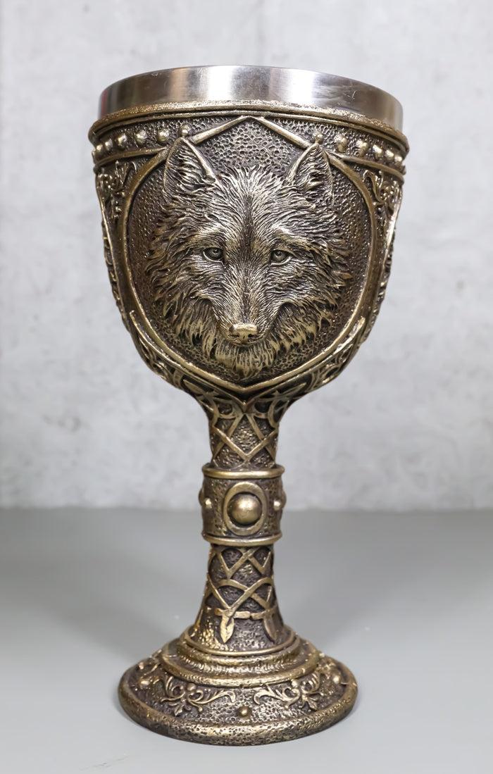 ebros gift Faux Bronze Alpha Gray Wolf Celtic Tribal Knotwork Wine Chalice Goblet Cup
