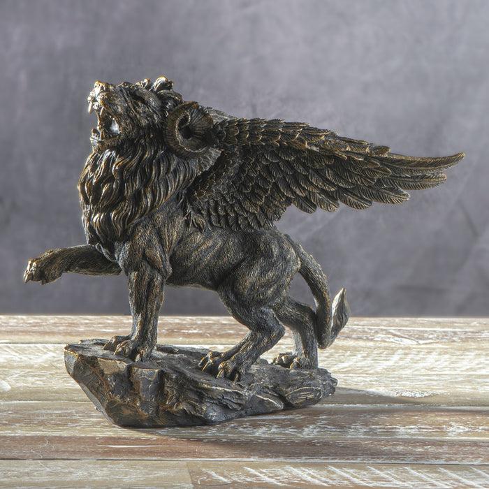 Ebros Gift Faux Bronze Greek Guardian Winged Lion Chimera Gargoyle With Goat Horns Figurine
