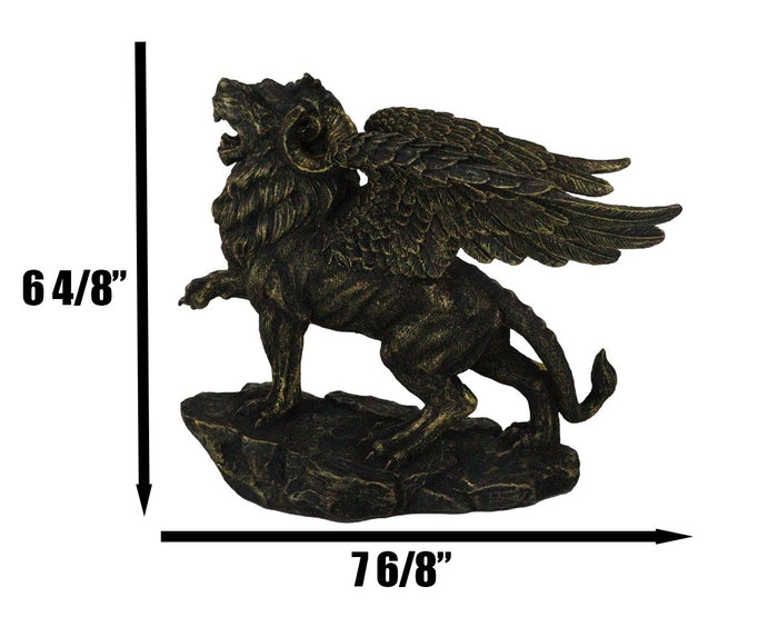 Ebros Gift Faux Bronze Greek Guardian Winged Lion Chimera Gargoyle With Goat Horns Figurine