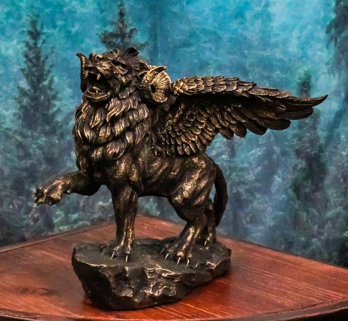 ebros gift Faux Bronze Greek Guardian Winged Lion Chimera Gargoyle With Goat Horns Figurine