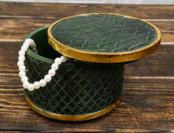 ebros gift Faux Crocodile Pattern Green Print With Gold Trim Round Decorative Jewelry Box