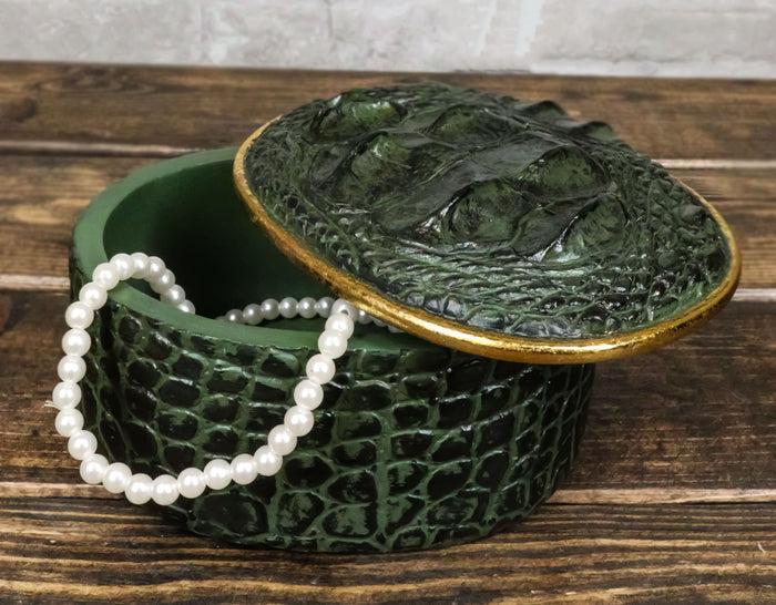 ebros gift Faux Crocodile Pattern Textured Green Print Gold Oval Decorative Jewelry Box