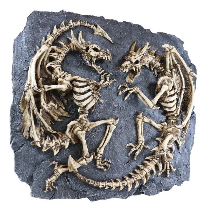 Ebros Gift Faux Fossil Rock Block With 2 Dueling Skeleton Dragons Exotic Wall Decor Plaque