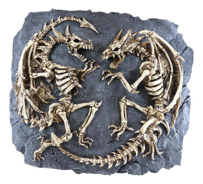 Ebros Gift Faux Fossil Rock Block With 2 Dueling Skeleton Dragons Exotic Wall Decor Plaque
