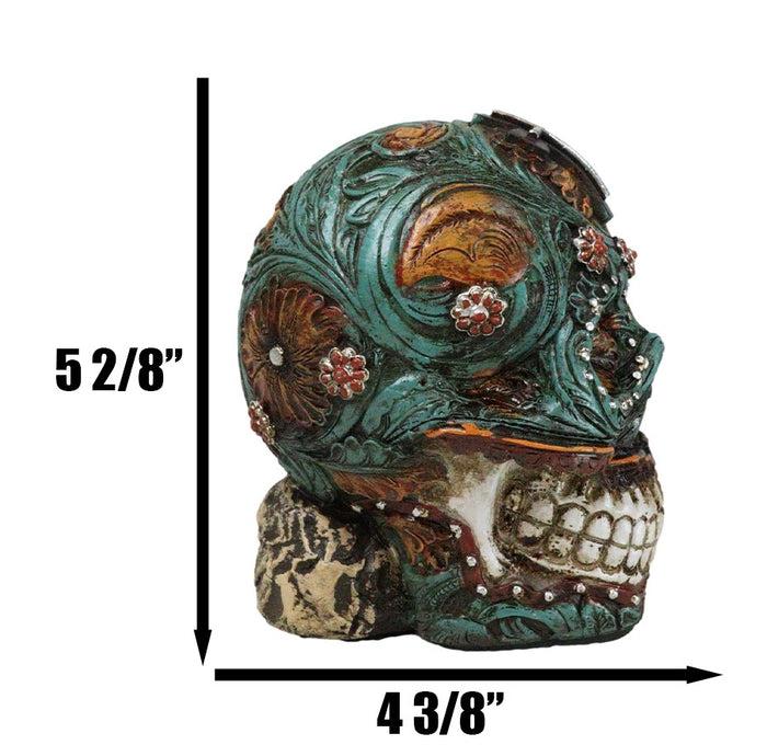 Ebros Gift Faux Leather Turquoise Floral Scrollwork With Layered Cross Skull Money Bank