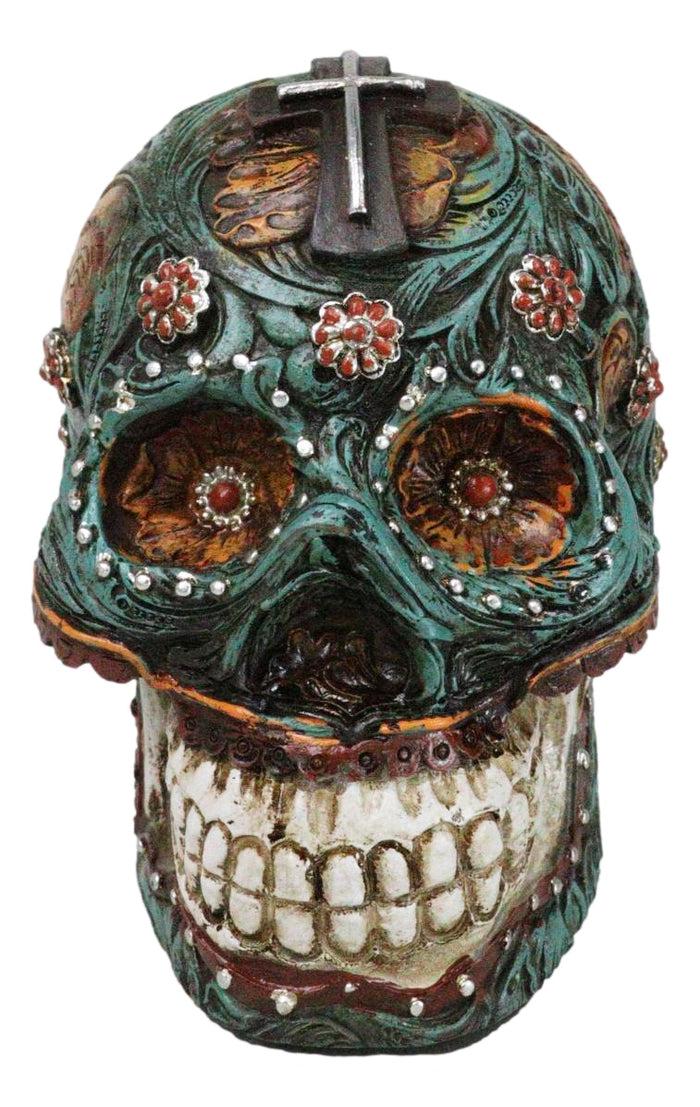 Ebros Gift Faux Leather Turquoise Floral Scrollwork With Layered Cross Skull Money Bank