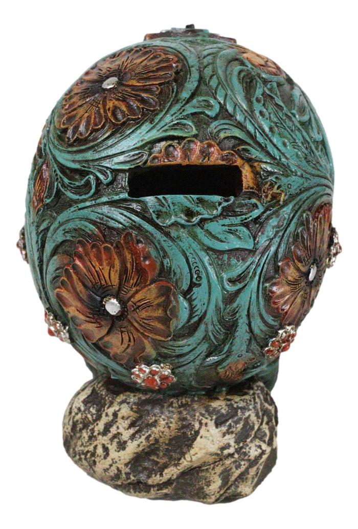 Ebros Gift Faux Leather Turquoise Floral Scrollwork With Layered Cross Skull Money Bank