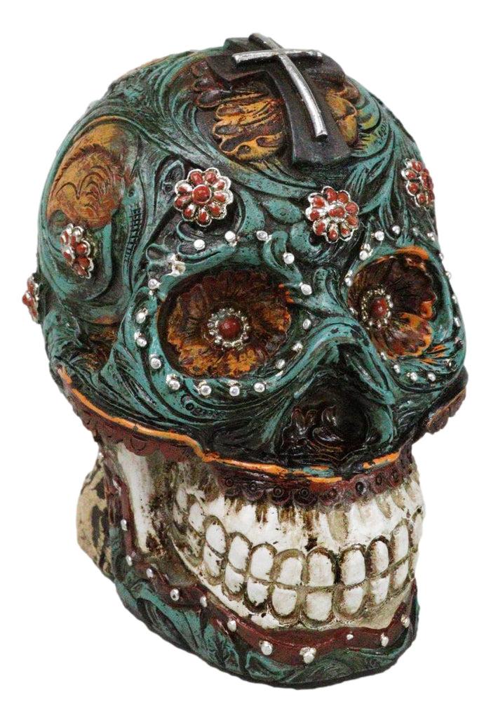 ebros gift Faux Leather Turquoise Floral Scrollwork with Layered Cross Skull Money Bank