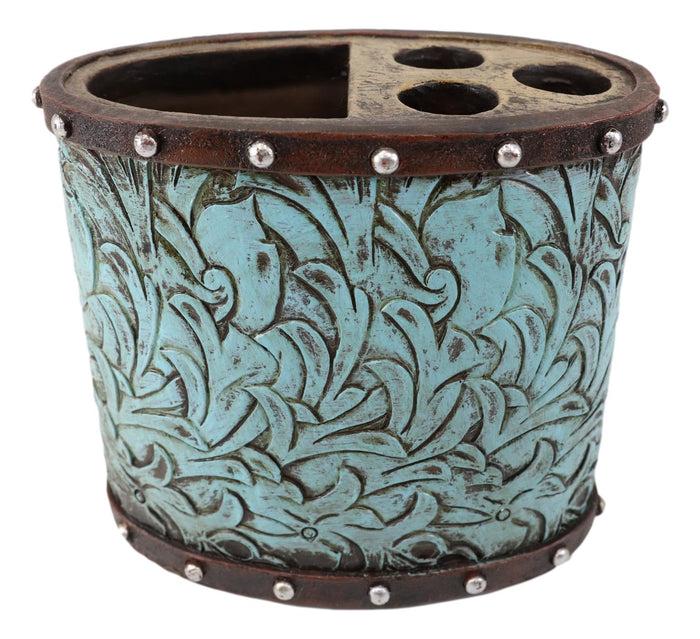 Ebros Gift Faux Leather Western Turquoise Floral Bathroom Set Of 5 Vanity Accessory Accent