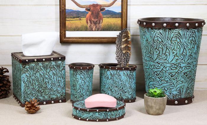 ebros gift Faux Leather Western Turquoise Floral Bathroom Set of 5 Vanity Accessory Accent
