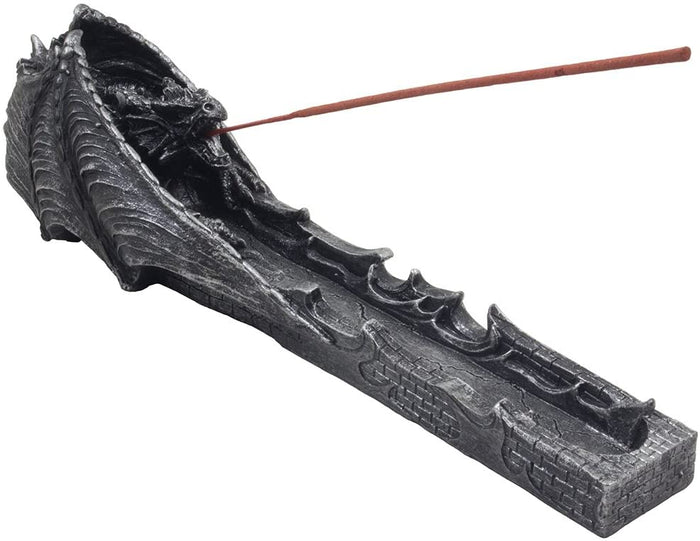 ebros gift Faux Stone Gothic Attacking Dragon Breath of Fire Incense Holder Burner Figurine