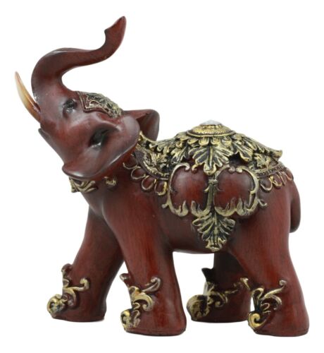 Ebros Gift Faux Wood Decorated Thai Buddhism Noble Elephant With Trunk Up Statue 6.25"L