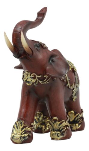 Ebros Gift Faux Wood Decorated Thai Buddhism Noble Elephant With Trunk Up Statue 6.25"L
