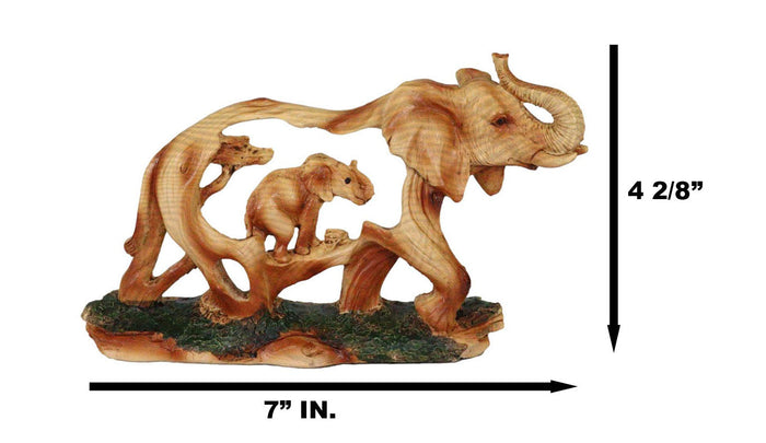 Ebros Gift Faux Wood Elephant Family Migration Elephant Walking With Baby Calf Statue 7"L