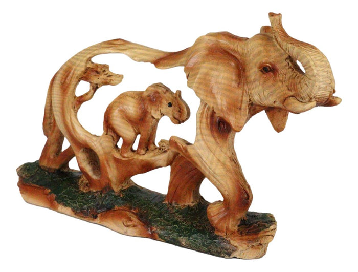 Ebros Gift Faux Wood Elephant Family Migration Elephant Walking With Baby Calf Statue 7"L