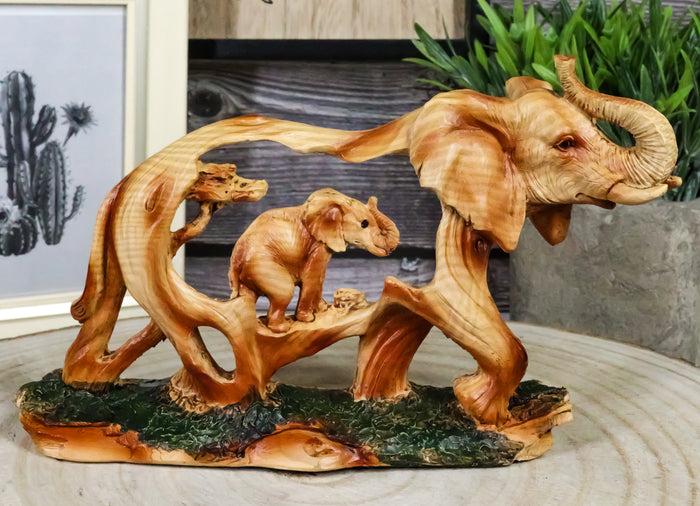 ebros gift Faux Wood Elephant Family Migration Elephant Walking With Baby Calf Statue 7"L