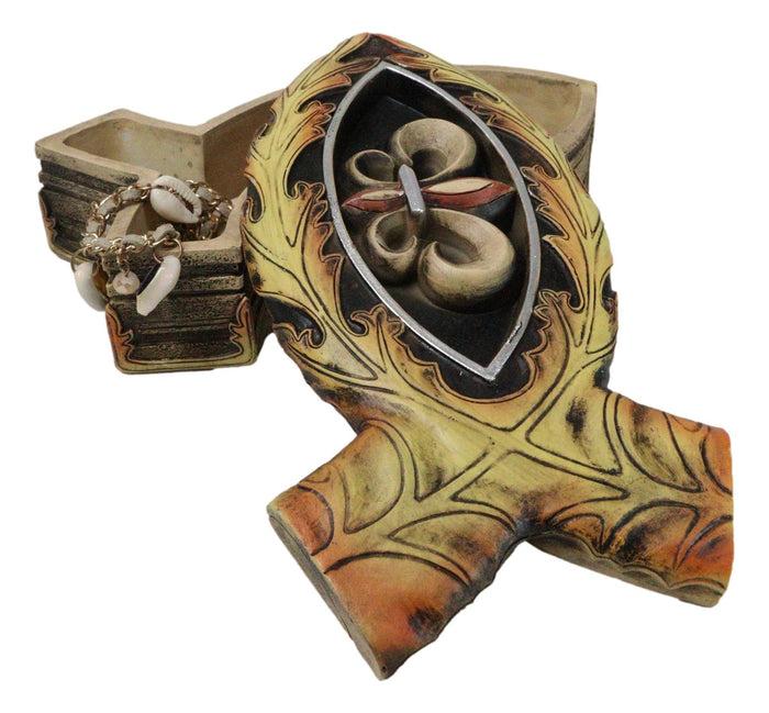 Ebros Gift Faux Wood Jesus Fish Ichthys With Fleur De Lis Cross Decorative Trinket Box