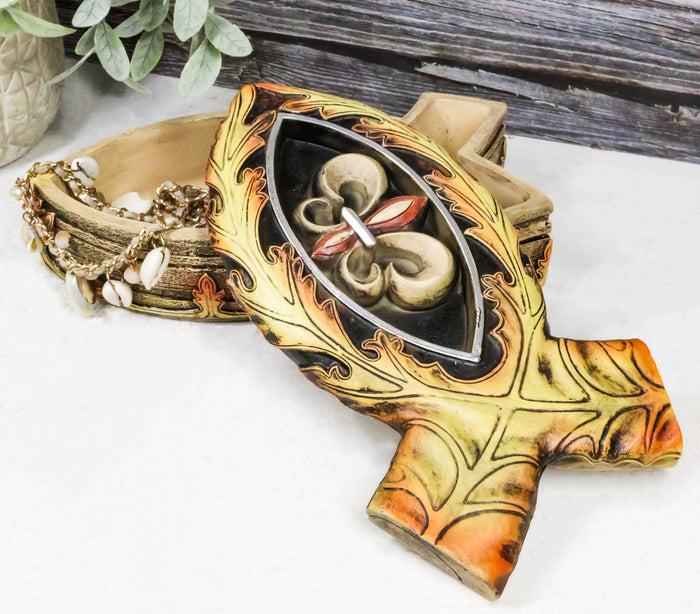 ebros gift Faux Wood Jesus Fish Ichthys With Fleur De Lis Cross Decorative Trinket Box