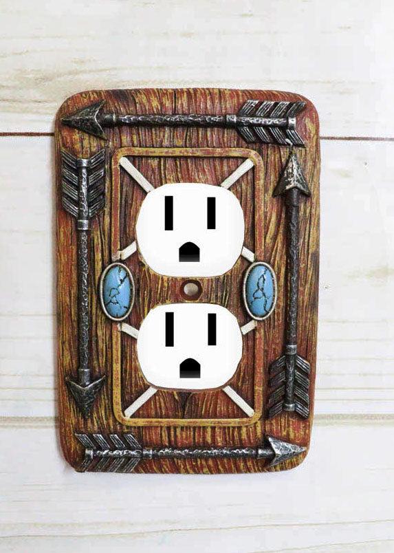 ebros gift Faux Wood Tribal Indian Turquoise 4 Arrows Double Receptacle Outlets Plates Set
