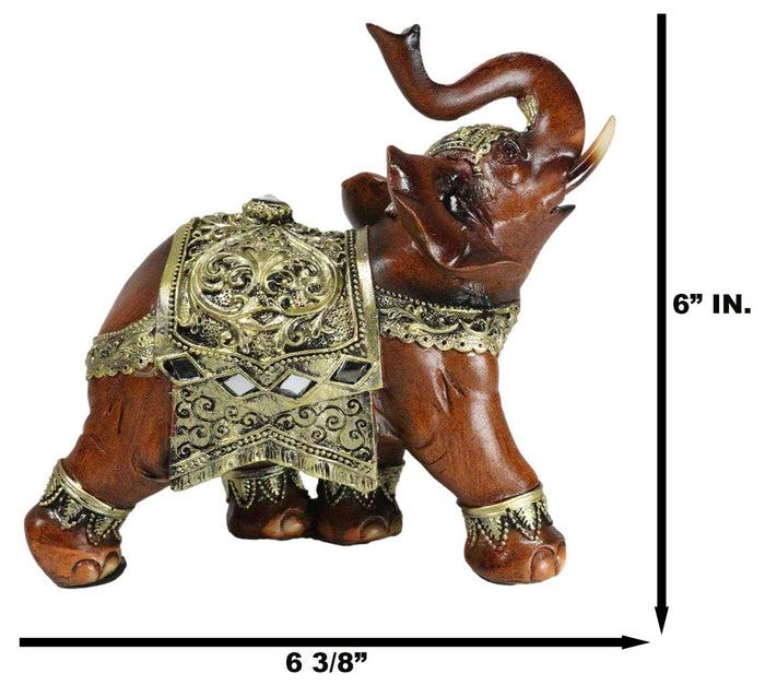 Ebros Gift Faux Wood Trunk Up Elephant With Golden Scrollwork And Glass Mirrors Figurine