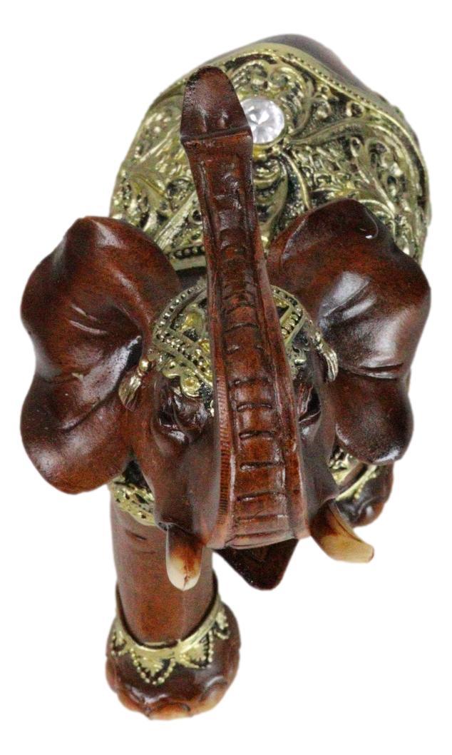 Ebros Gift Faux Wood Trunk Up Elephant With Golden Scrollwork And Glass Mirrors Figurine
