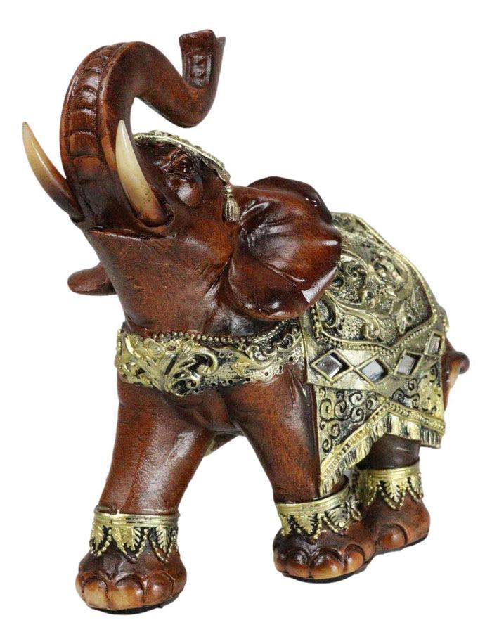 Ebros Gift Faux Wood Trunk Up Elephant With Golden Scrollwork And Glass Mirrors Figurine