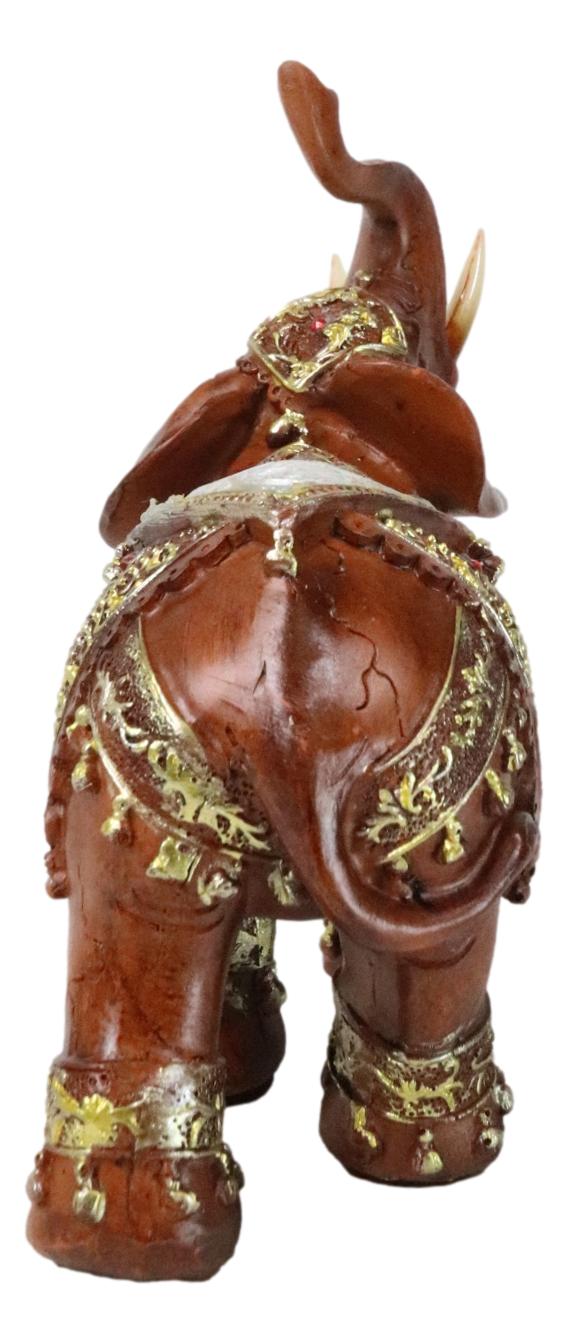 Ebros Gift Faux Wood Trunk Up Elephant With Golden Scrollwork And Crushed Glass Figurine