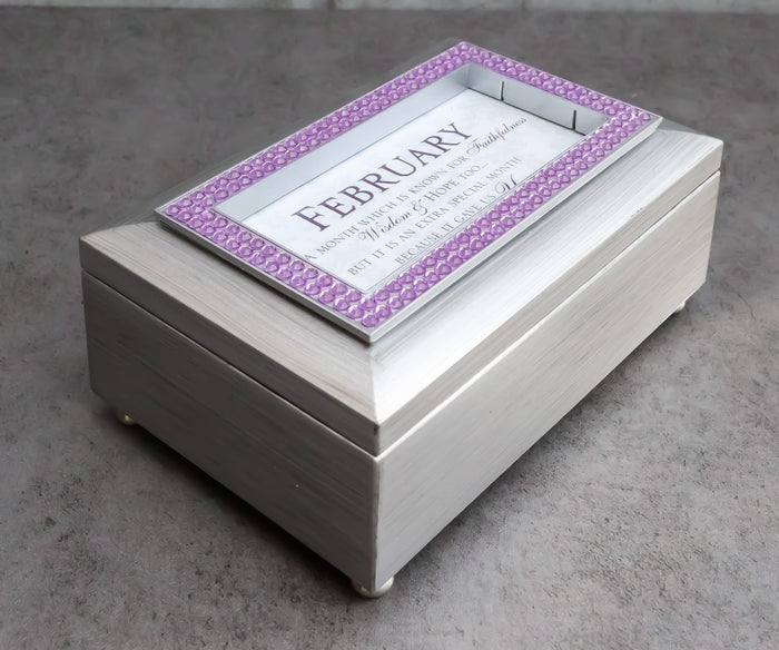 ebros gift February Birthday Purple Amethyst Birthstones Silver Tone Musical Trinket Box