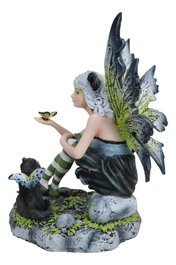 Ebros Gift Feline Fairy In Green White Striped Leggings With Black Fae Winged Cat Figurine