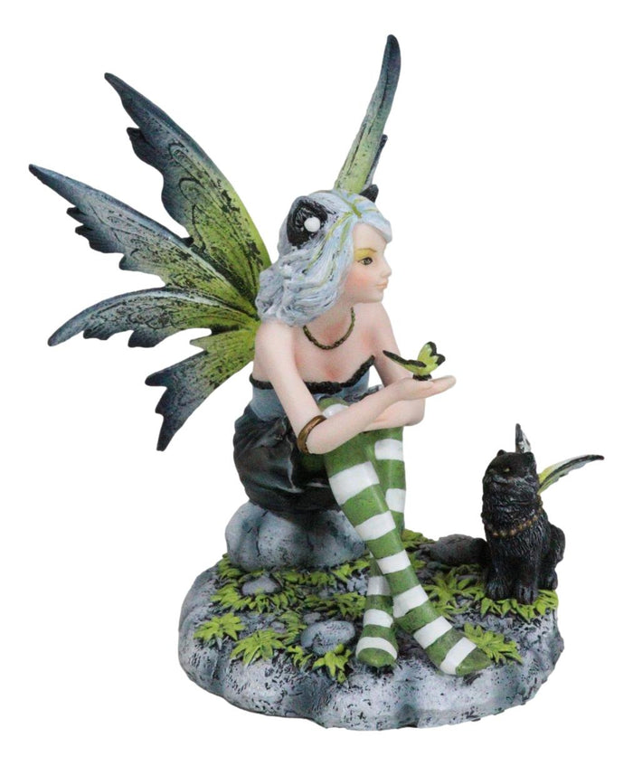 Ebros Gift Feline Fairy In Green White Striped Leggings With Black Fae Winged Cat Figurine
