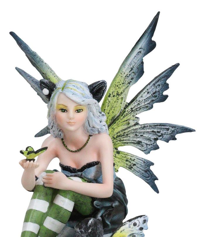 Ebros Gift Feline Fairy In Green White Striped Leggings With Black Fae Winged Cat Figurine