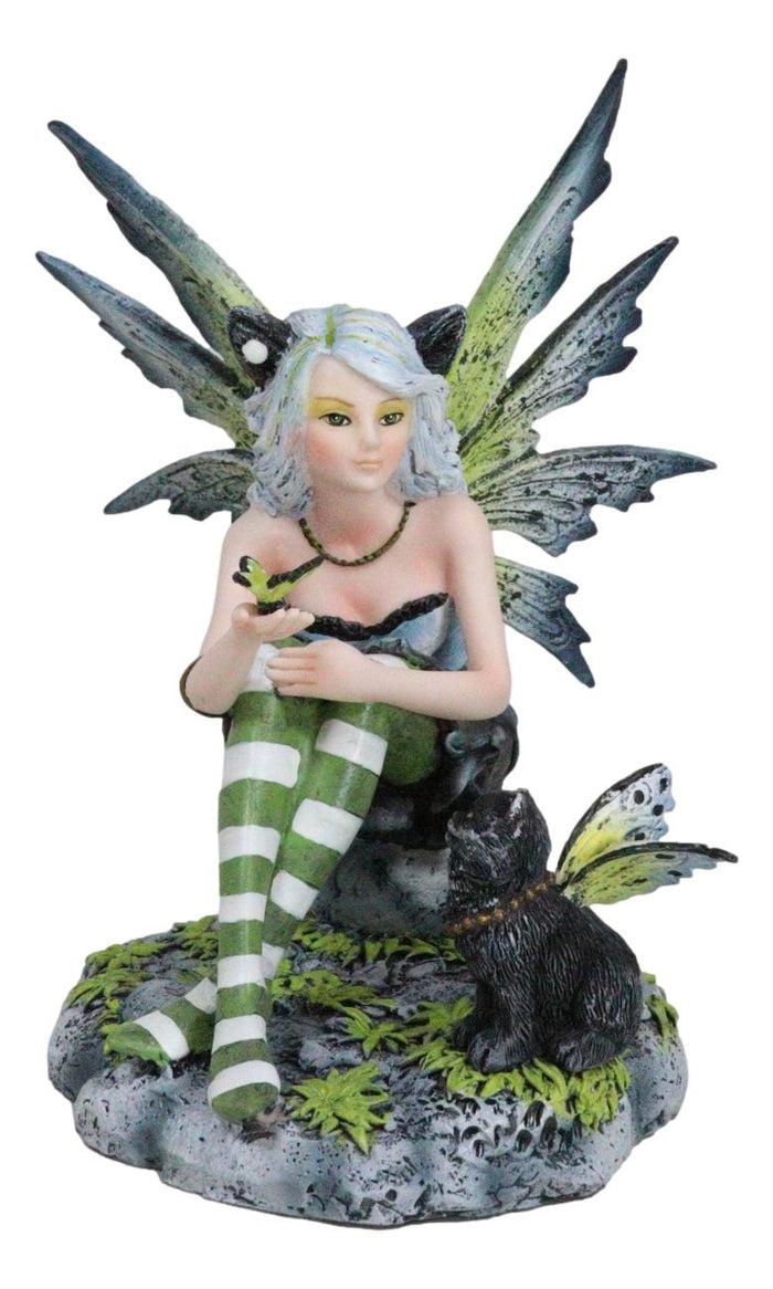 ebros gift Feline Fairy In Green White Striped Leggings With Black Fae Winged Cat Figurine