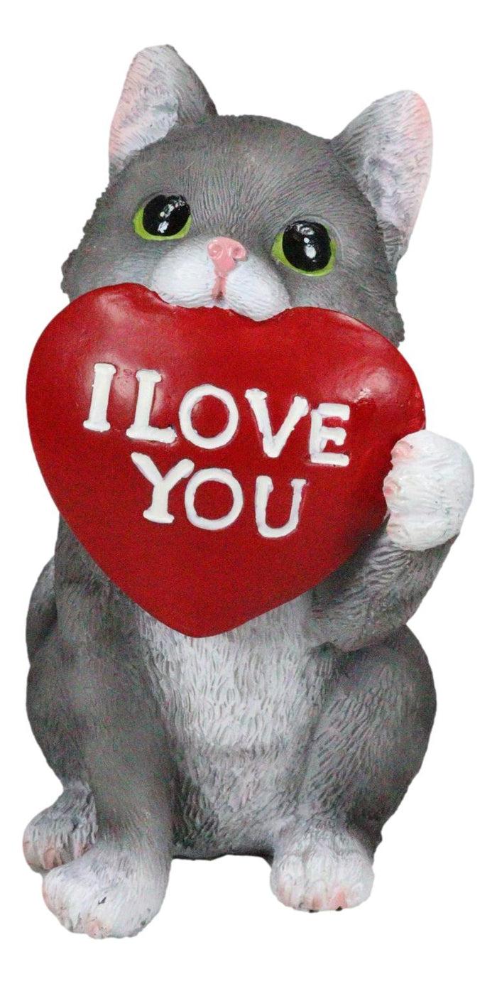 Ebros Gift Feline Gray Tabby Cat Kitten Holding Large Red Heart Sign I Love You Figurine