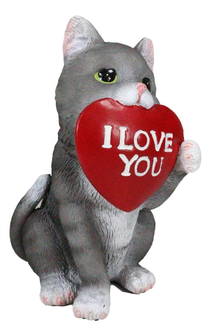 Ebros Gift Feline Gray Tabby Cat Kitten Holding Large Red Heart Sign I Love You Figurine