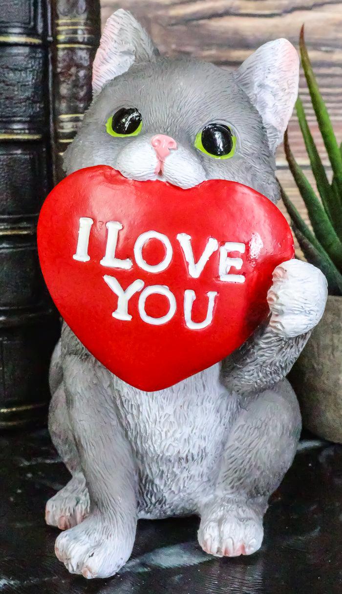 ebros gift Feline Gray Tabby Cat Kitten Holding Large Red Heart Sign I Love You Figurine