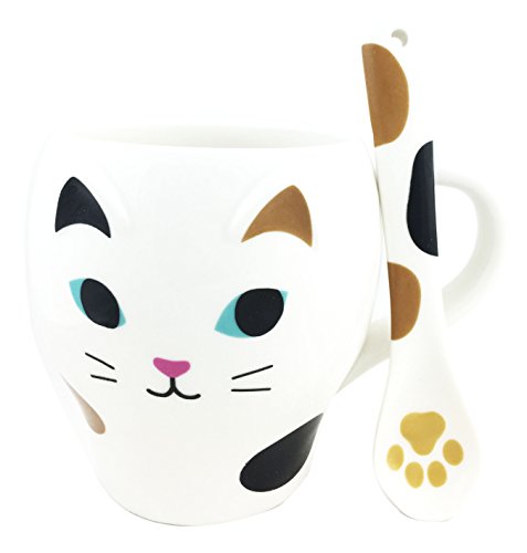 ebros gift Feline White Kitty Cat Ceramic Mug Coffee Cup With Spoon Home & Kitchen Decor