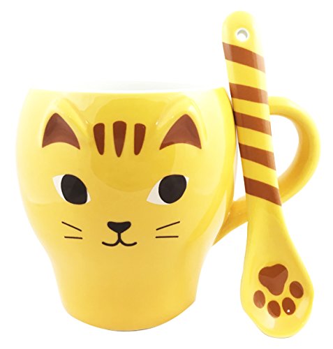 ebros gift Feline Yellow Kitty Cat Ceramic Mug Coffee Cup With Spoon Home & Kitchen Decor