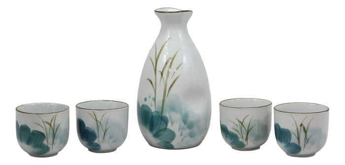 Ebros Gift Feng Shui 2 Swimming Koi Fishes In Zen Pond Porcelain Sake Flask And 4 Cups Set